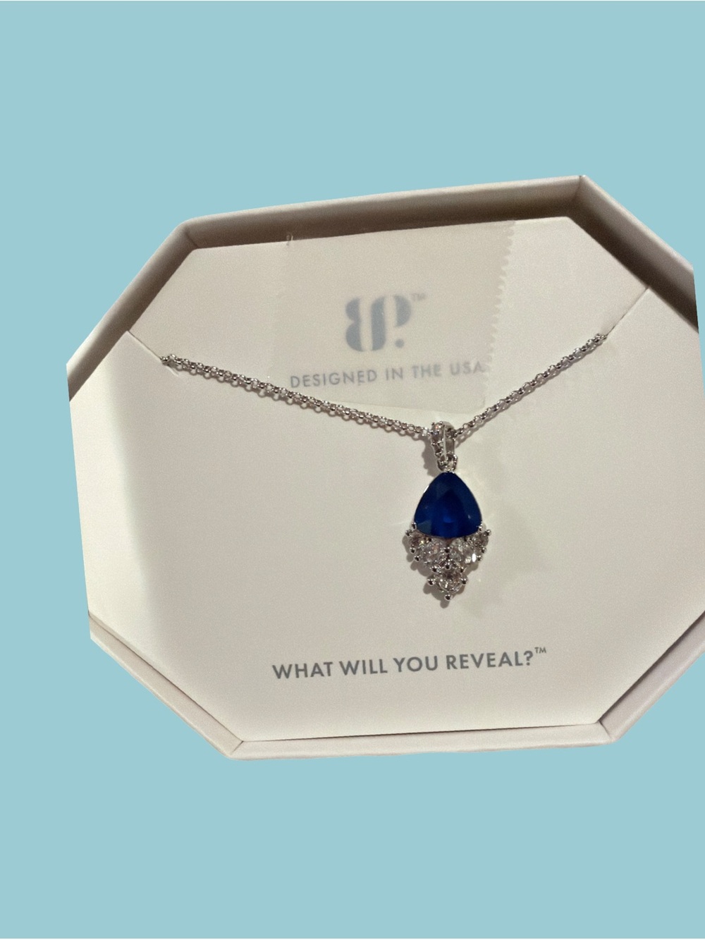 bp Blue Teardrop Pendant Necklace with Clear Accent Stones